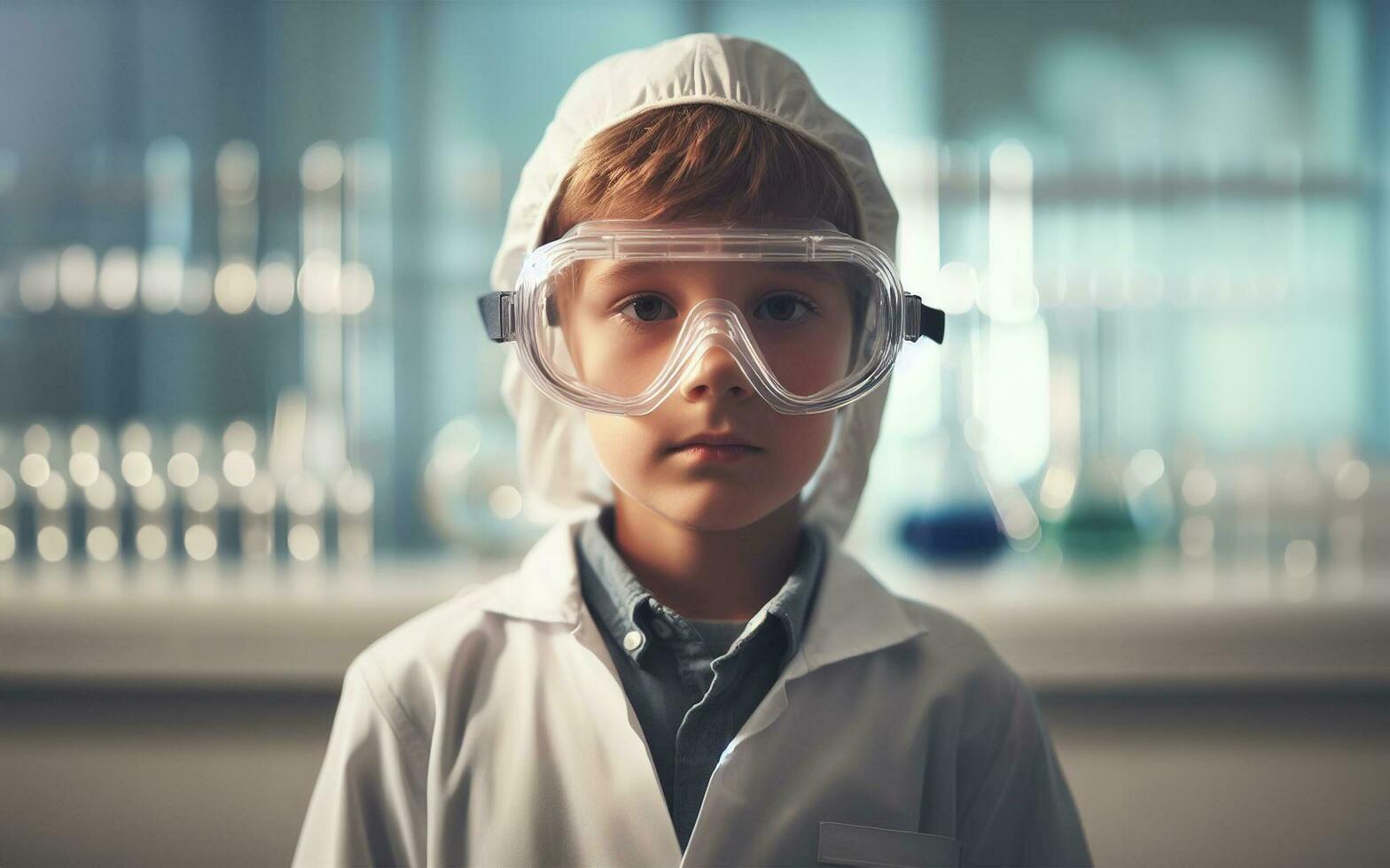 ai generato bambini vestito nel ricercatore uniformi scienziato sfocato laboratorio sfondo sognare idee per futuro carriere sognare carriere foto