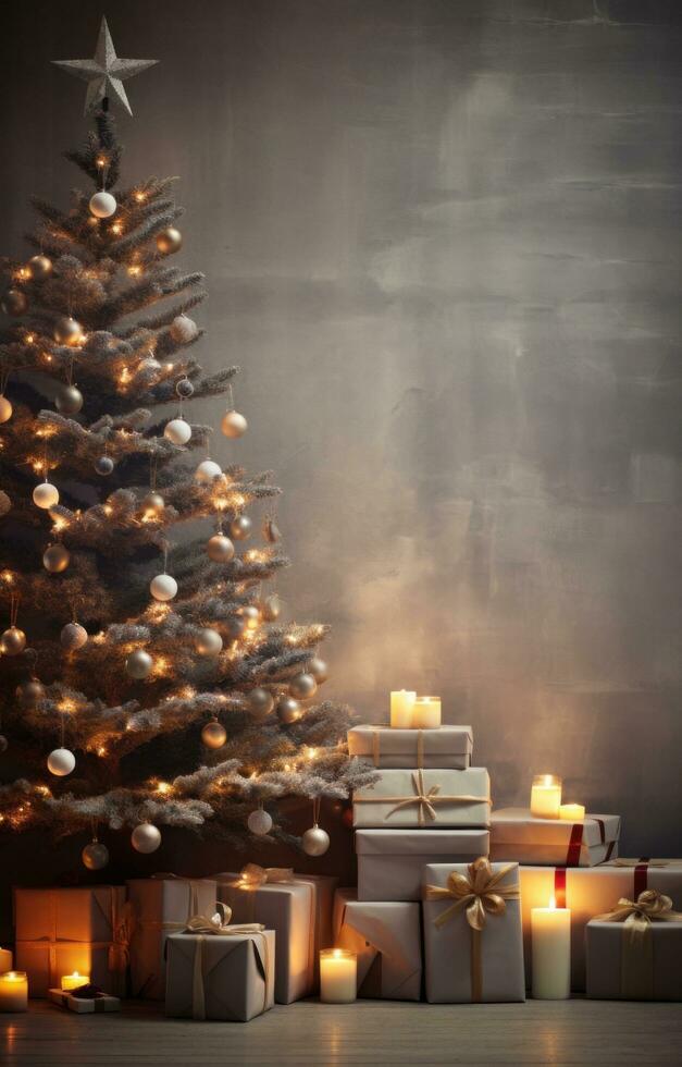 ai generato Natale albero decorato con i regali e legna foto