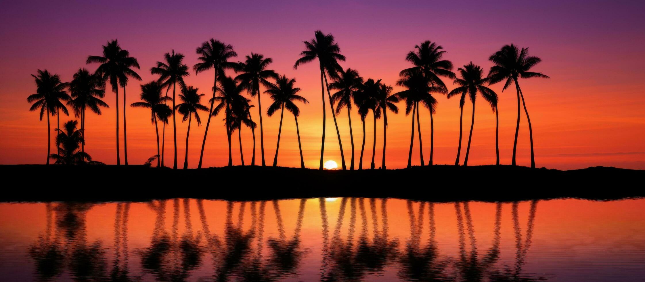 ai generato un' gruppo di palma alberi nel silhouette con oceano lungo il lago foto