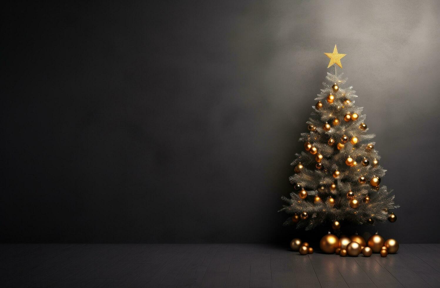 ai generato Natale albero nel un aprire, grigio camera con un' bokeh effetto foto