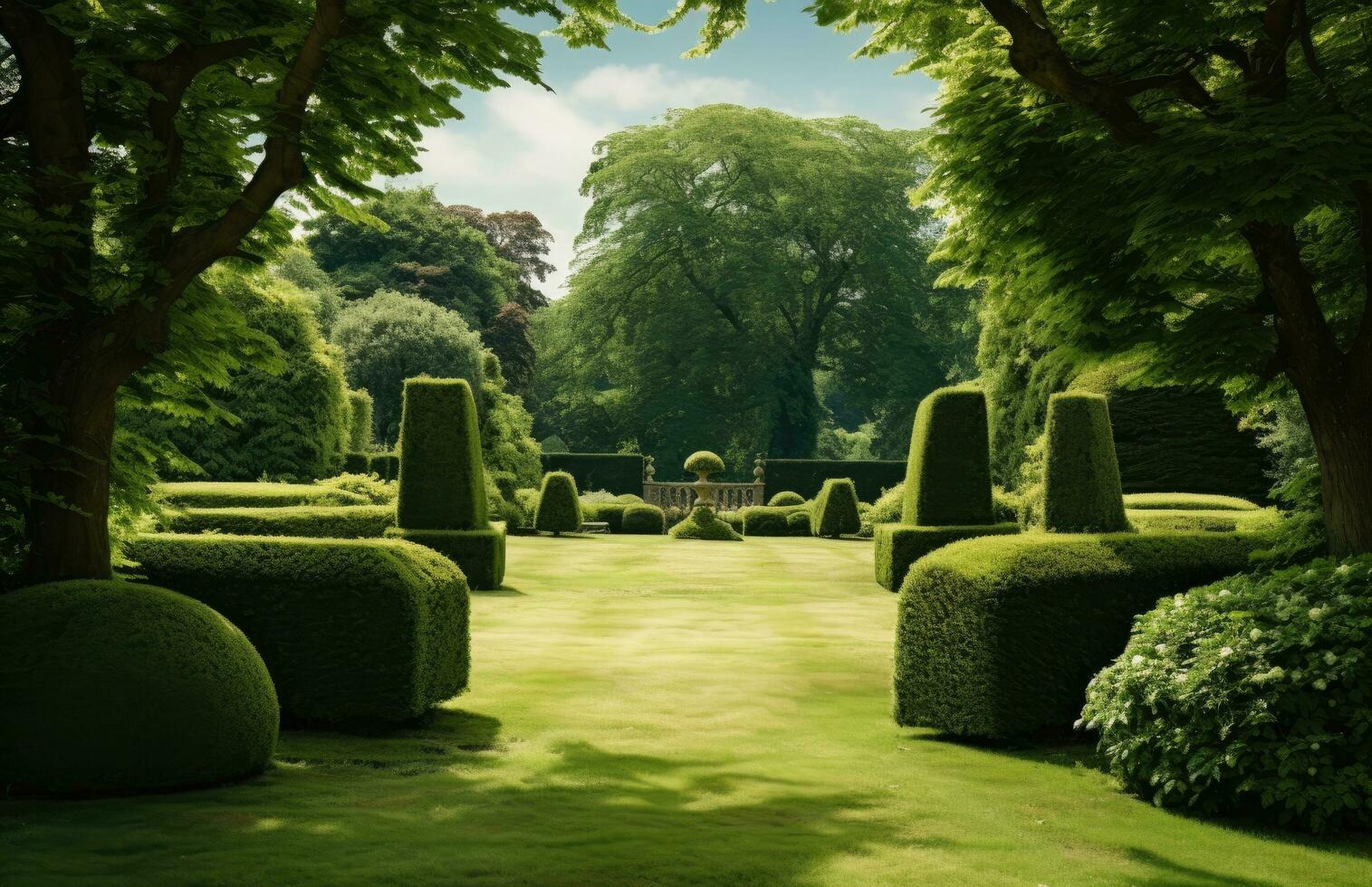 ai generato un' prato con un' giardino la zona pieno di siepi e alberi foto