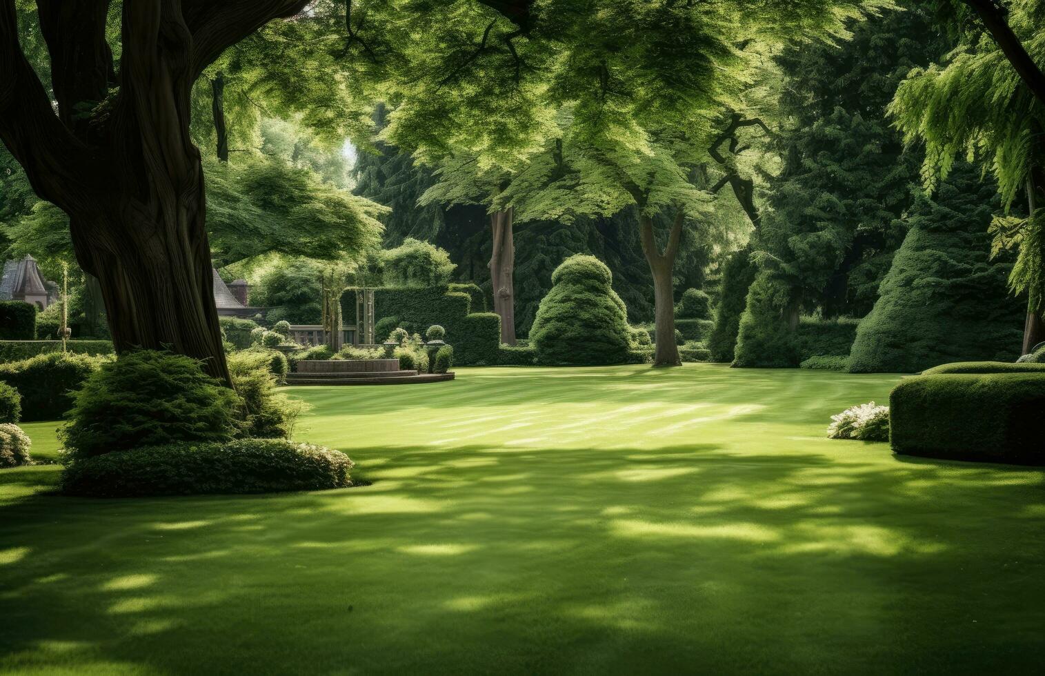 ai generato un' prato con un' giardino la zona pieno di siepi e alberi foto