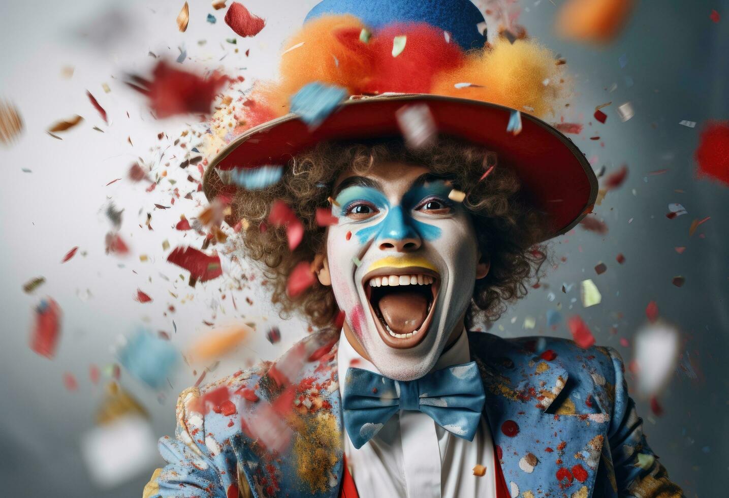 ai generato un' clown nel un' cappello fa coriandoli, foto