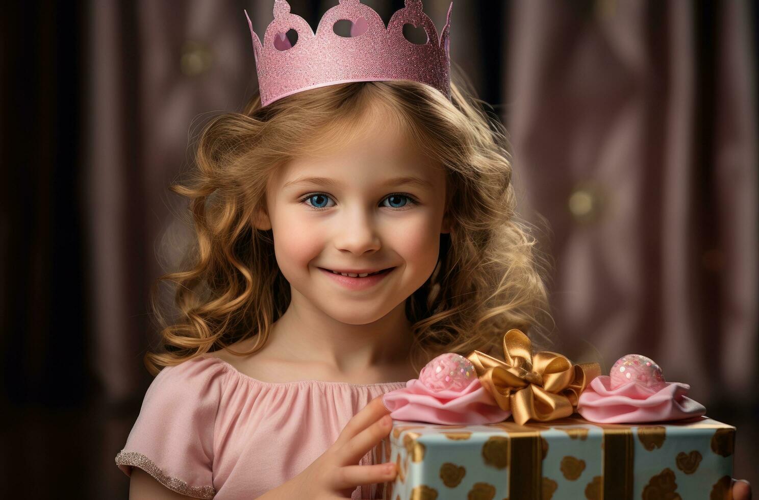 ai generato compleanno ragazza indossare un' Principessa cappello con un' compleanno scatola foto