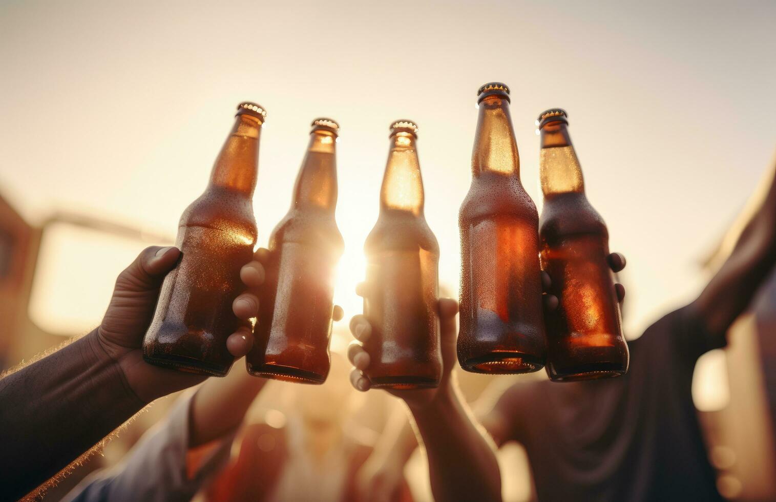 ai generato cinque persone hold birra bottiglie nel loro mani foto