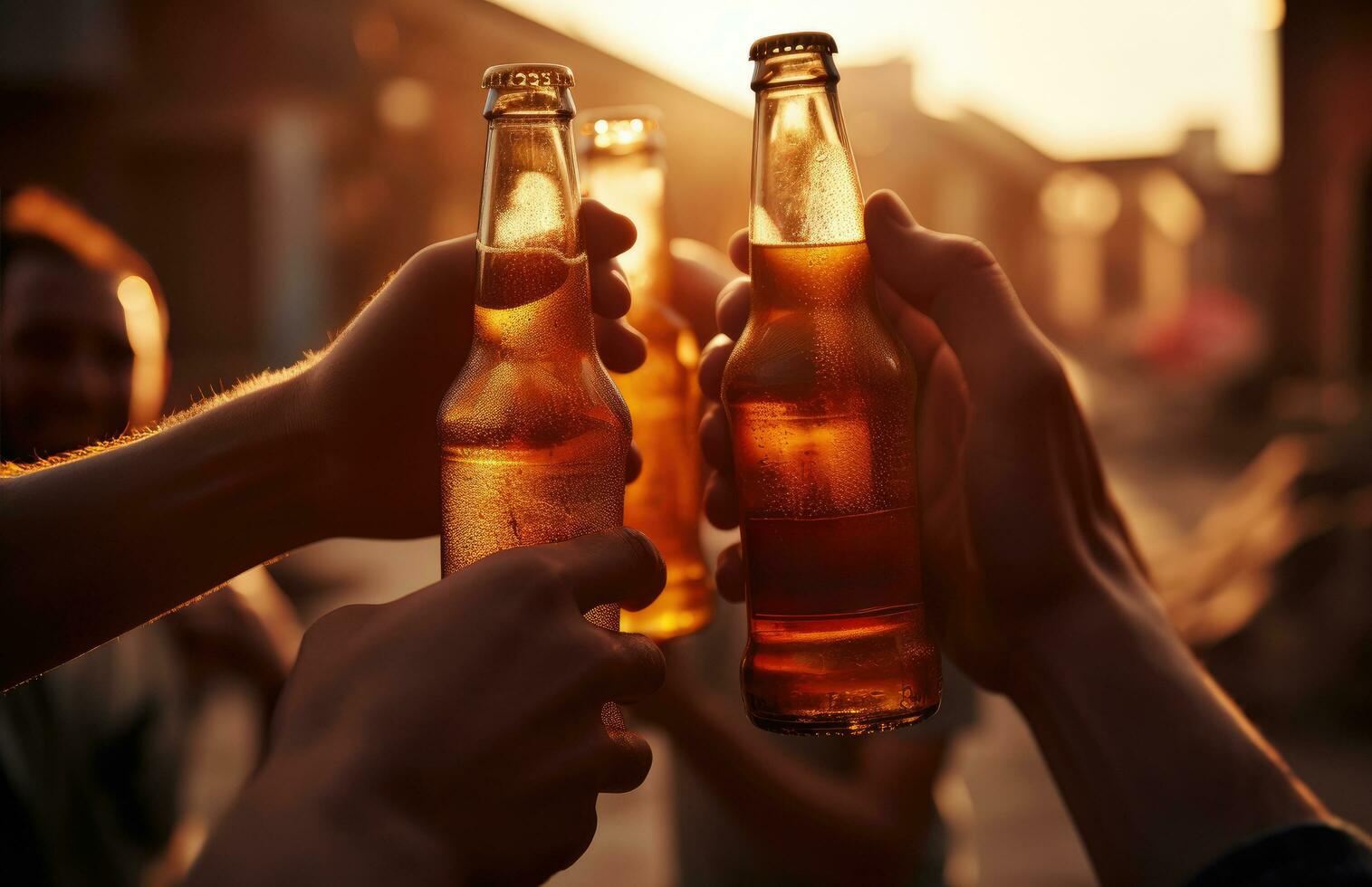 ai generato cinque persone hold birra bottiglie nel loro mani foto