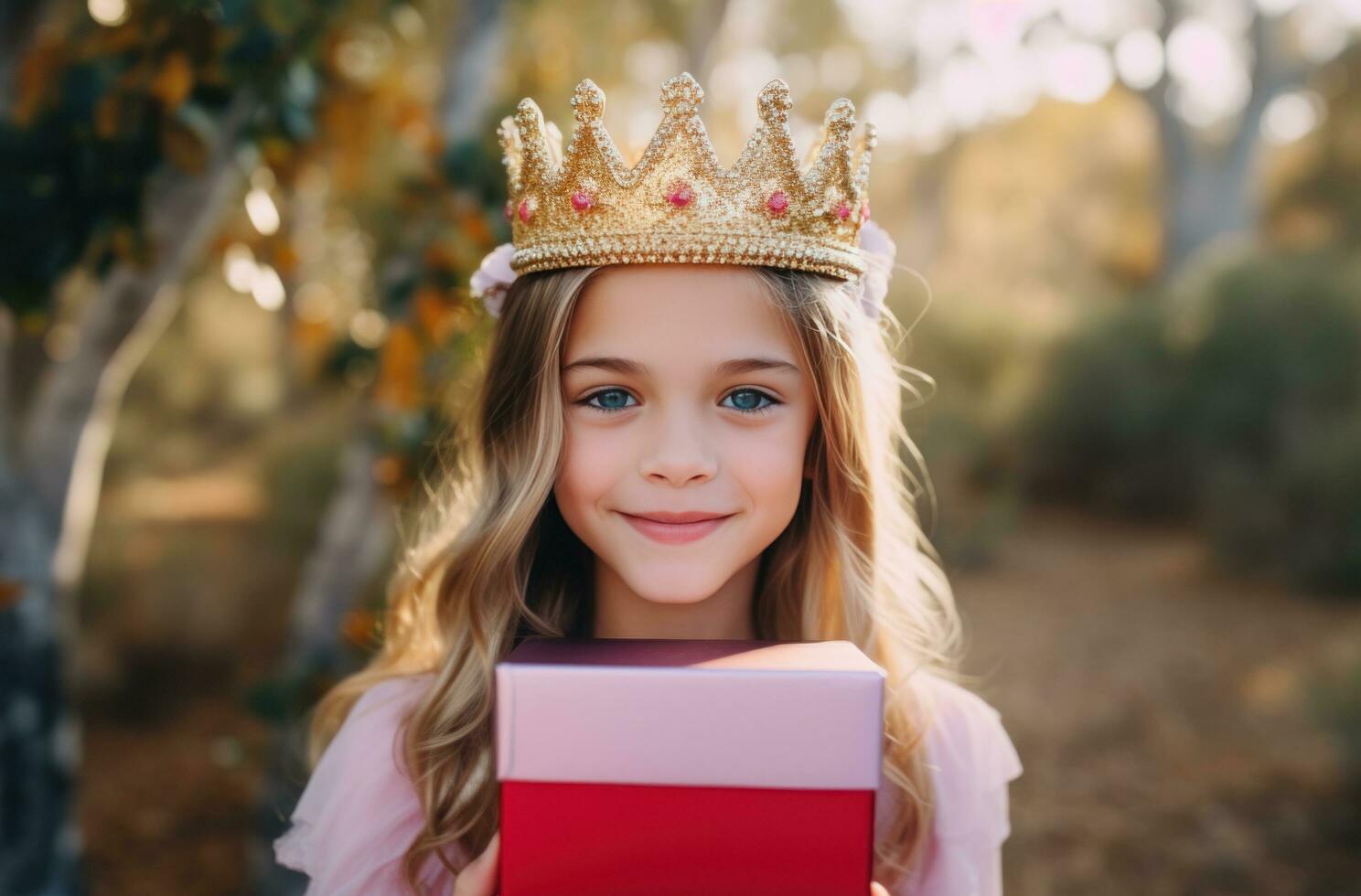 ai generato ragazza con corona Tenere oro scatola festa foto