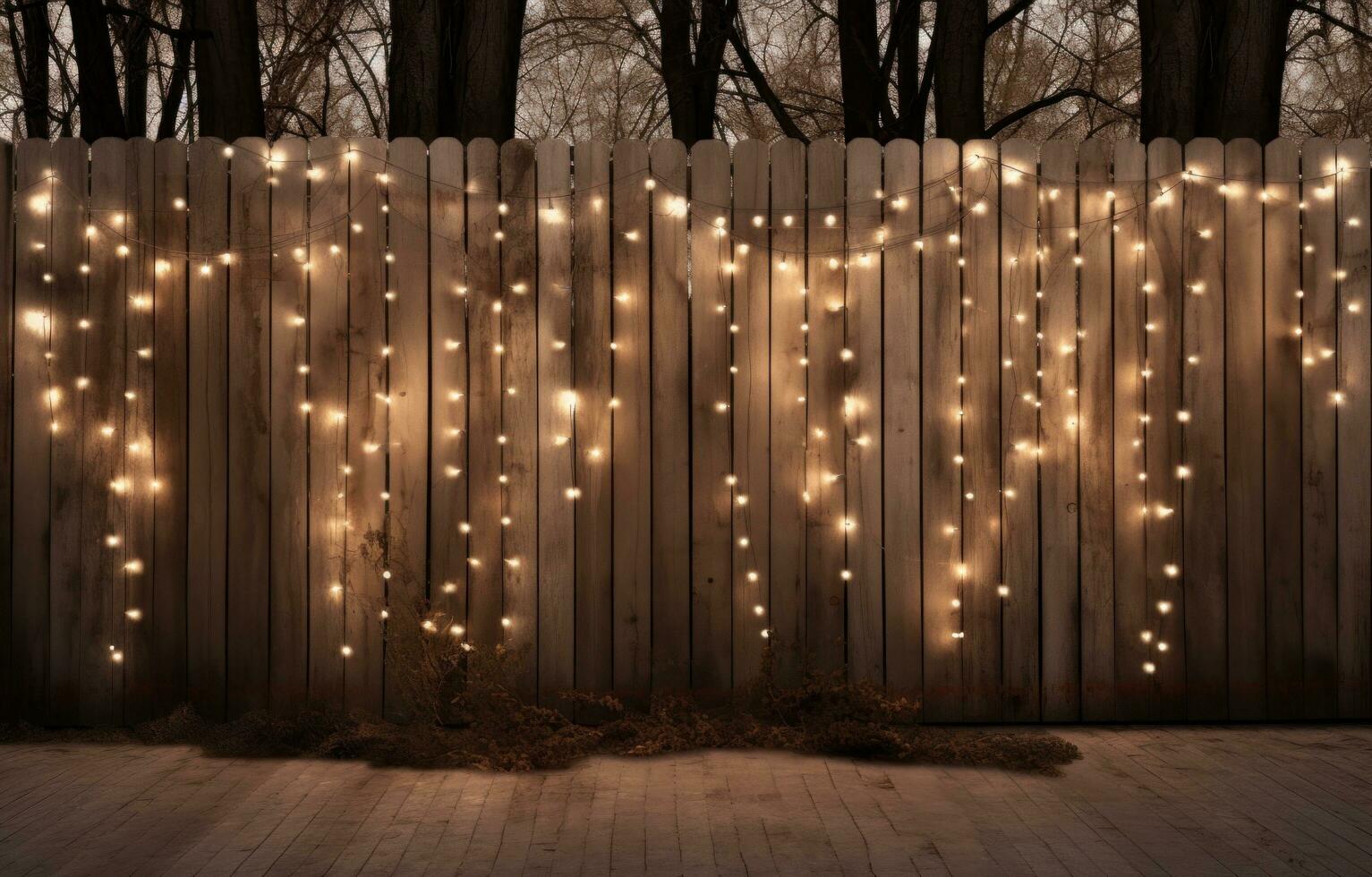 ai generato luci Strung dietro a un' di legno recinto nel il foresta, foto