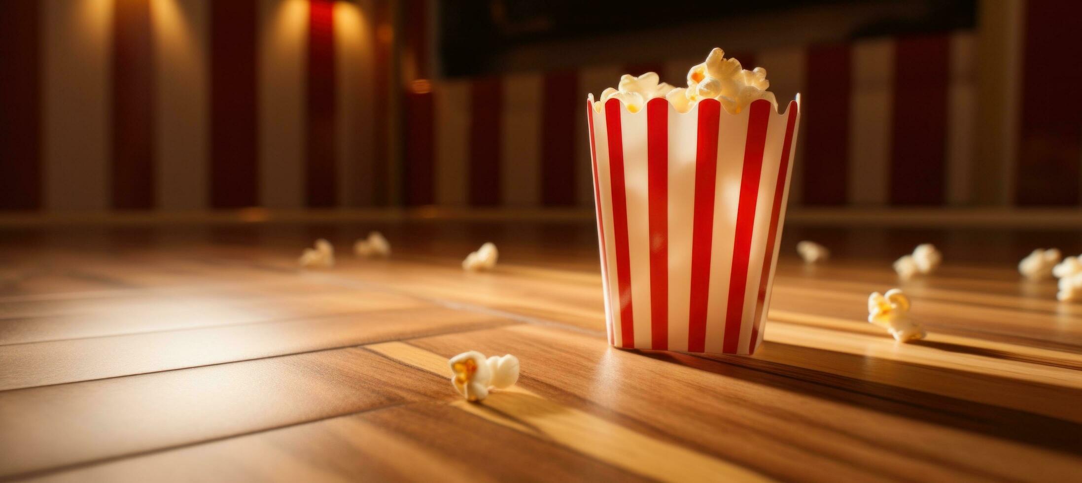 ai generato Popcorn nel un' Borsa nel il centro di un' Marrone pavimento foto