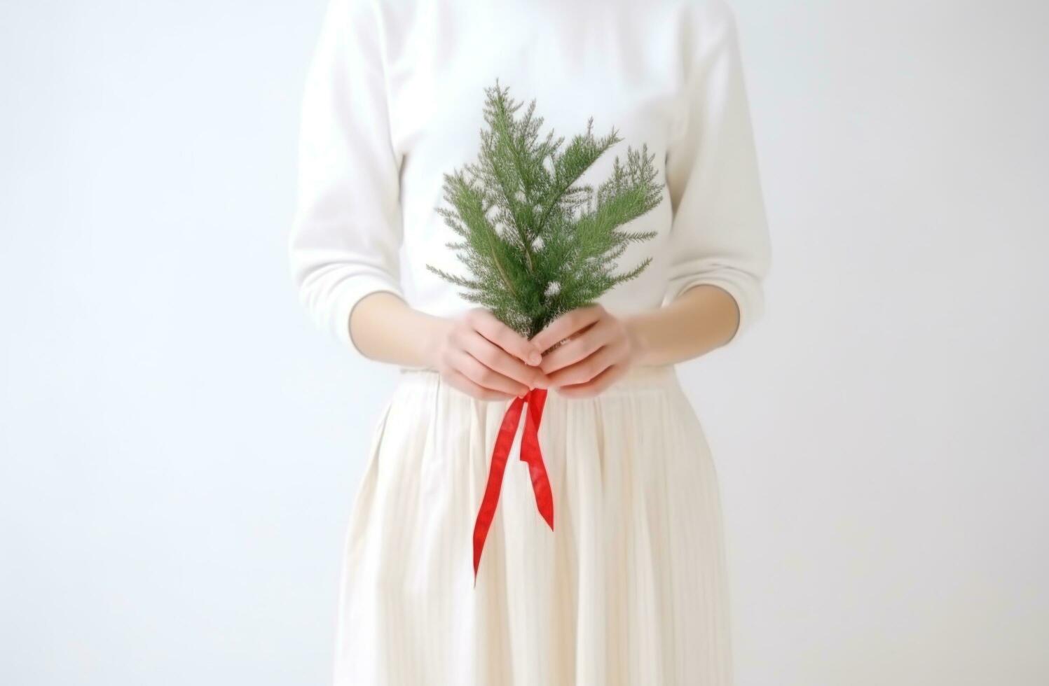 ai generato un' donna Tenere un' mazzo di Natale albero rami e un' poco rosso arco nel sua mani foto