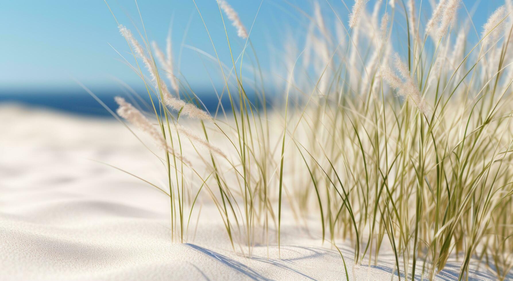 ai generato vicino su di un' spiaggia vicino alcuni erba e sabbia foto