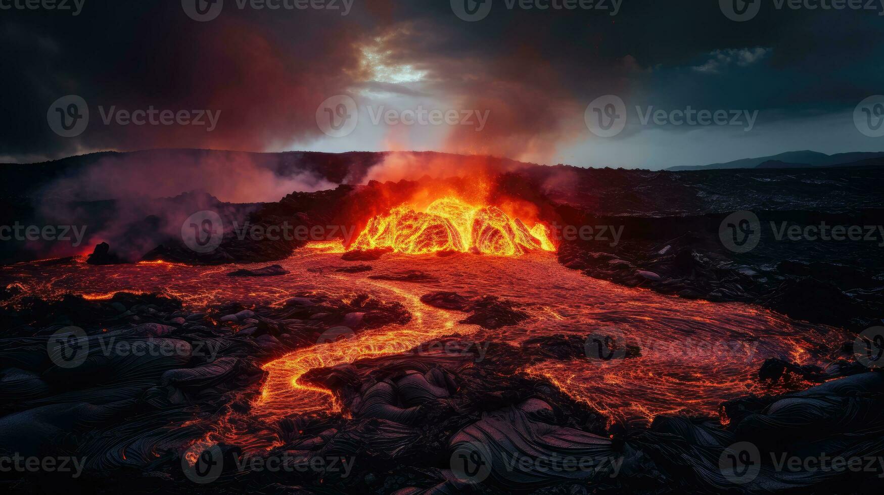 ai generato ardente vulcano, spumeggiante lava, fumo cratere. foto