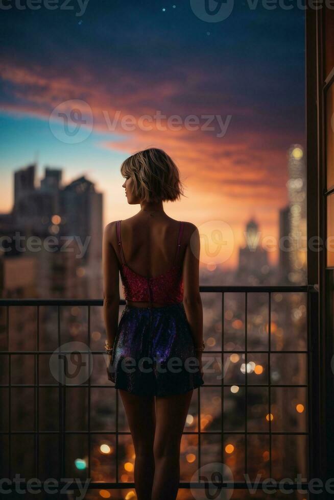 ai generato notturno fantasticheria, silhouette di un' ragazza ammirazione il notte paesaggio urbano generativo di ai foto