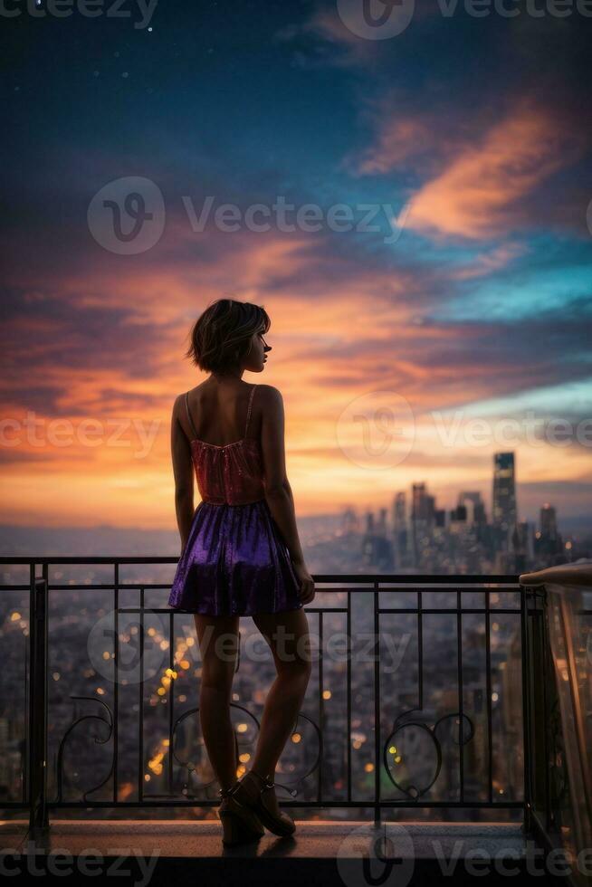 ai generato notturno fantasticheria, silhouette di un' ragazza ammirazione il notte paesaggio urbano generativo di ai foto