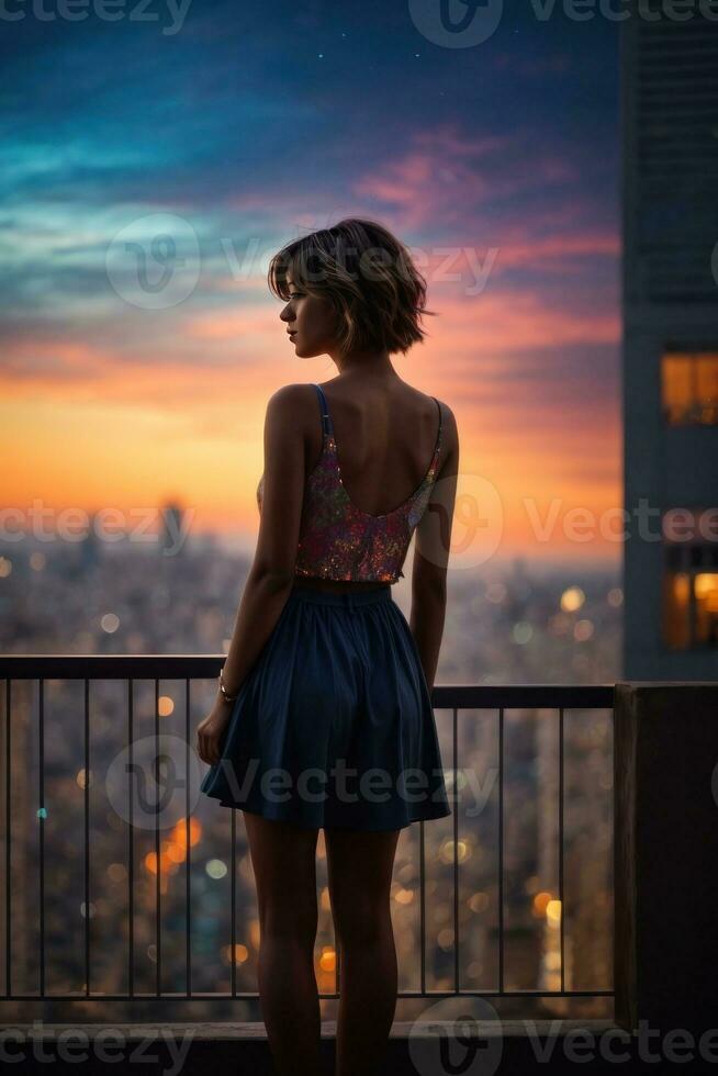 ai generato notturno fantasticheria, silhouette di un' ragazza ammirazione il notte paesaggio urbano generativo di ai foto