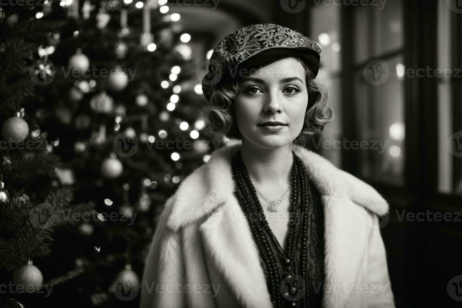 ai generato retrò festa 1920 moda in mezzo un' Natale albero generativo di ai foto