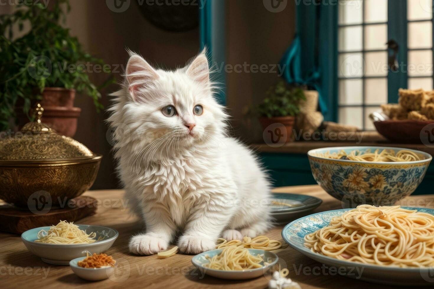 ai generato un' carino bianca gattino si siede a un' tavolo con un' piatto di spaghetti, nel un' accogliente generativo di ai foto