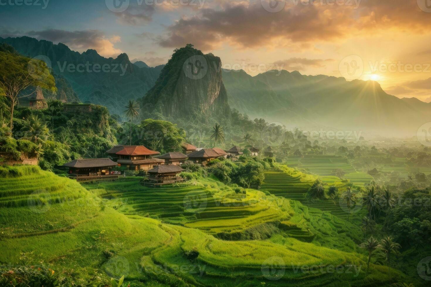 ai generato maestoso Alba al di sopra di terrazzato riso i campi annidato tra lussureggiante verde colline generato di ai foto