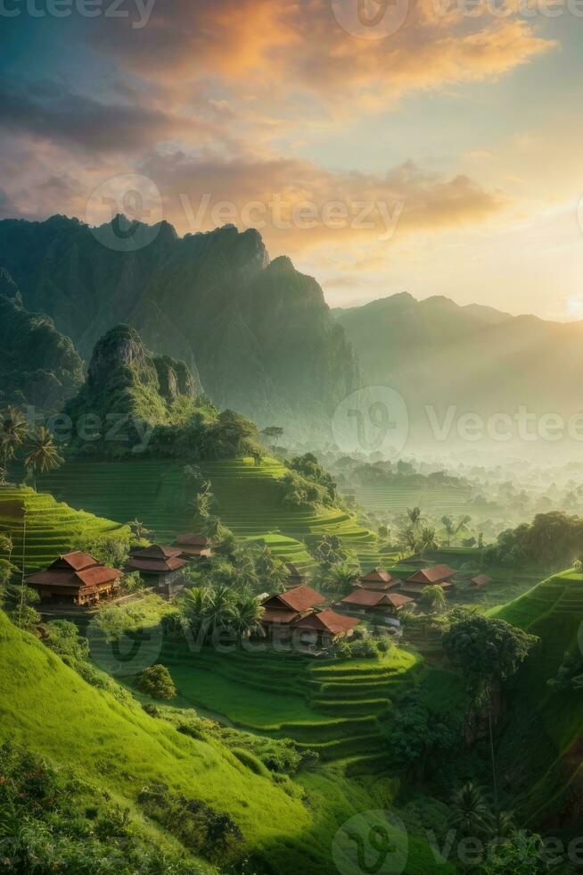 ai generato maestoso Alba al di sopra di terrazzato riso i campi annidato tra lussureggiante verde colline generato di ai foto