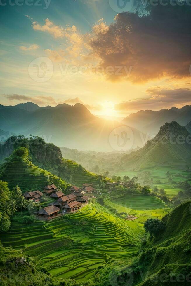 ai generato maestoso Alba al di sopra di terrazzato riso i campi annidato tra lussureggiante verde colline generato di ai foto