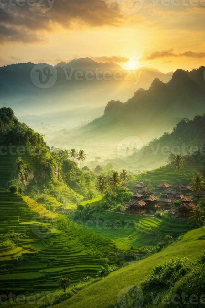 ai generato maestoso Alba al di sopra di terrazzato riso i campi annidato tra lussureggiante verde colline generato di ai foto