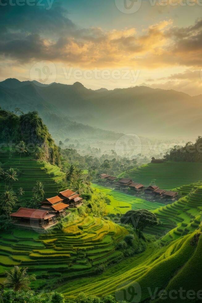 ai generato maestoso Alba al di sopra di terrazzato riso i campi annidato tra lussureggiante verde colline generato di ai foto