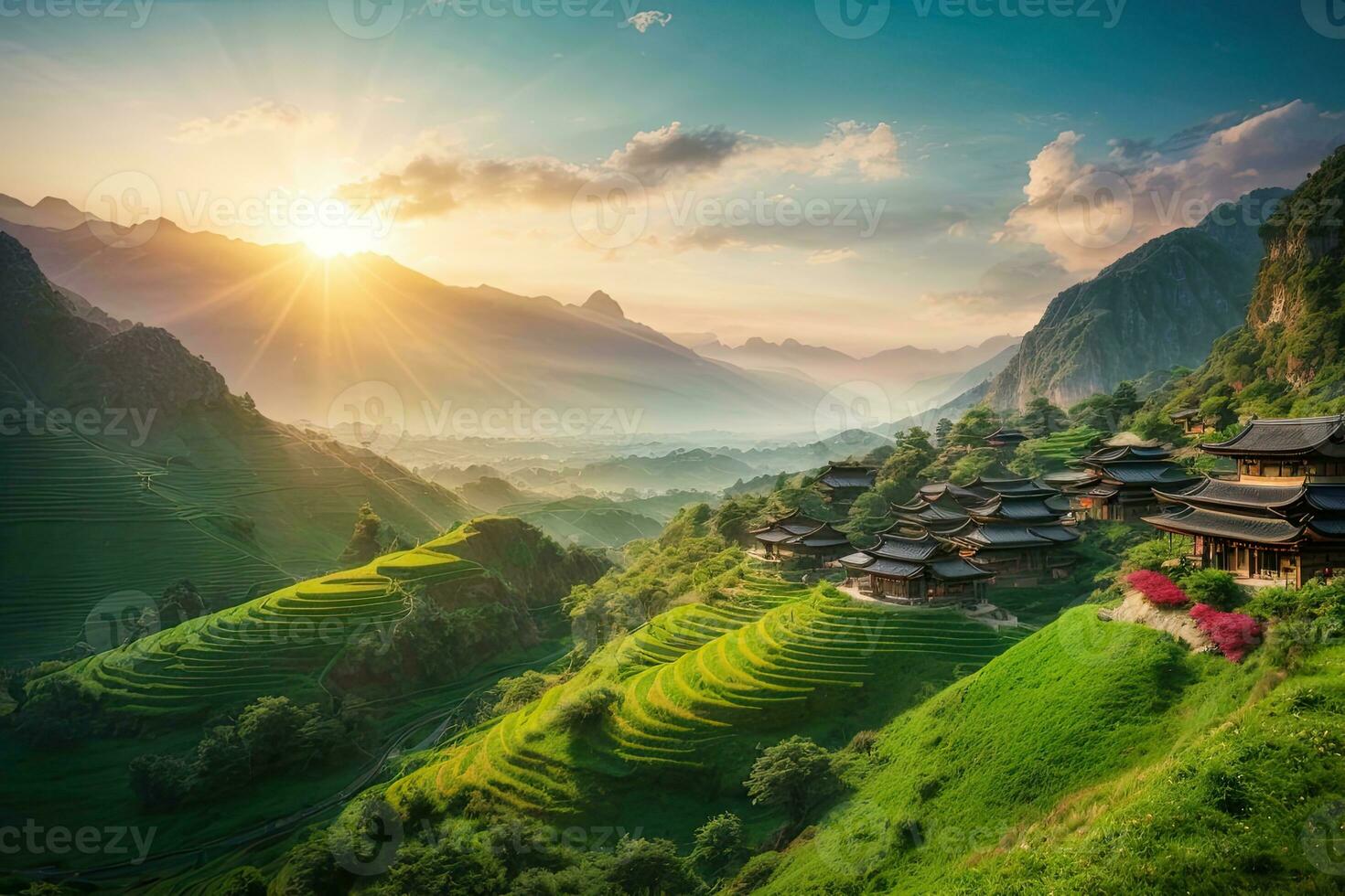 ai generato maestoso Alba al di sopra di terrazzato riso i campi annidato tra lussureggiante verde colline generato di ai foto
