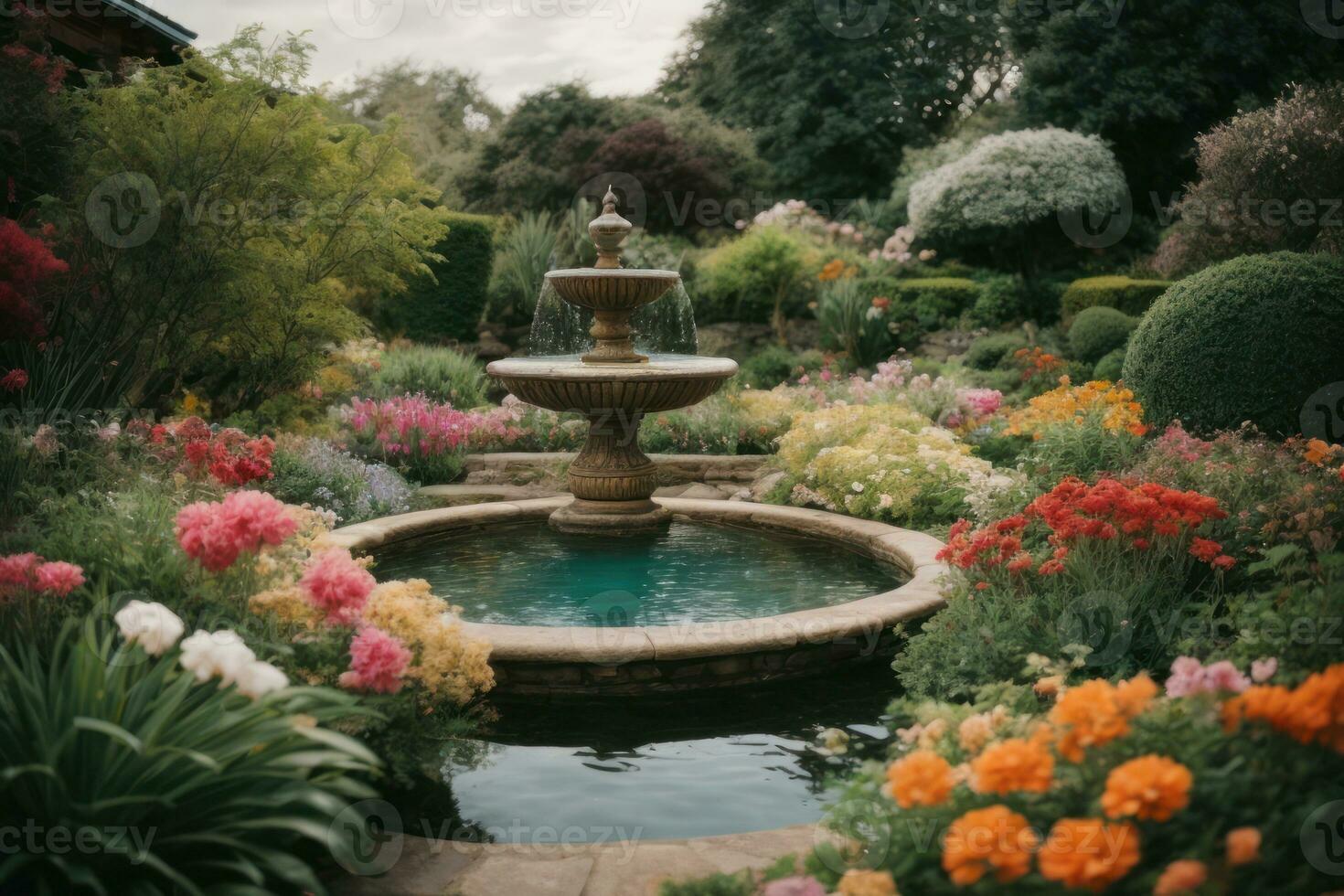ai generato tranquillo giardino scena con un' varietà di colorato fiori nel fioritura generativo di ai foto