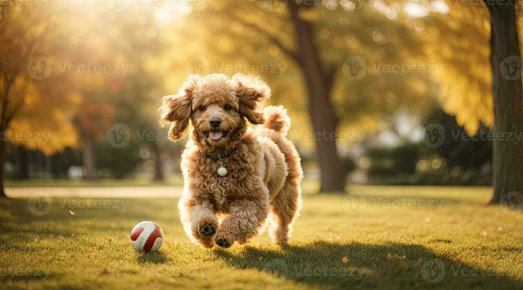 ai generato gioioso cane in esecuzione in direzione il telecamera nel un' soleggiato parco con un' palla dire bugie generativo di ai foto