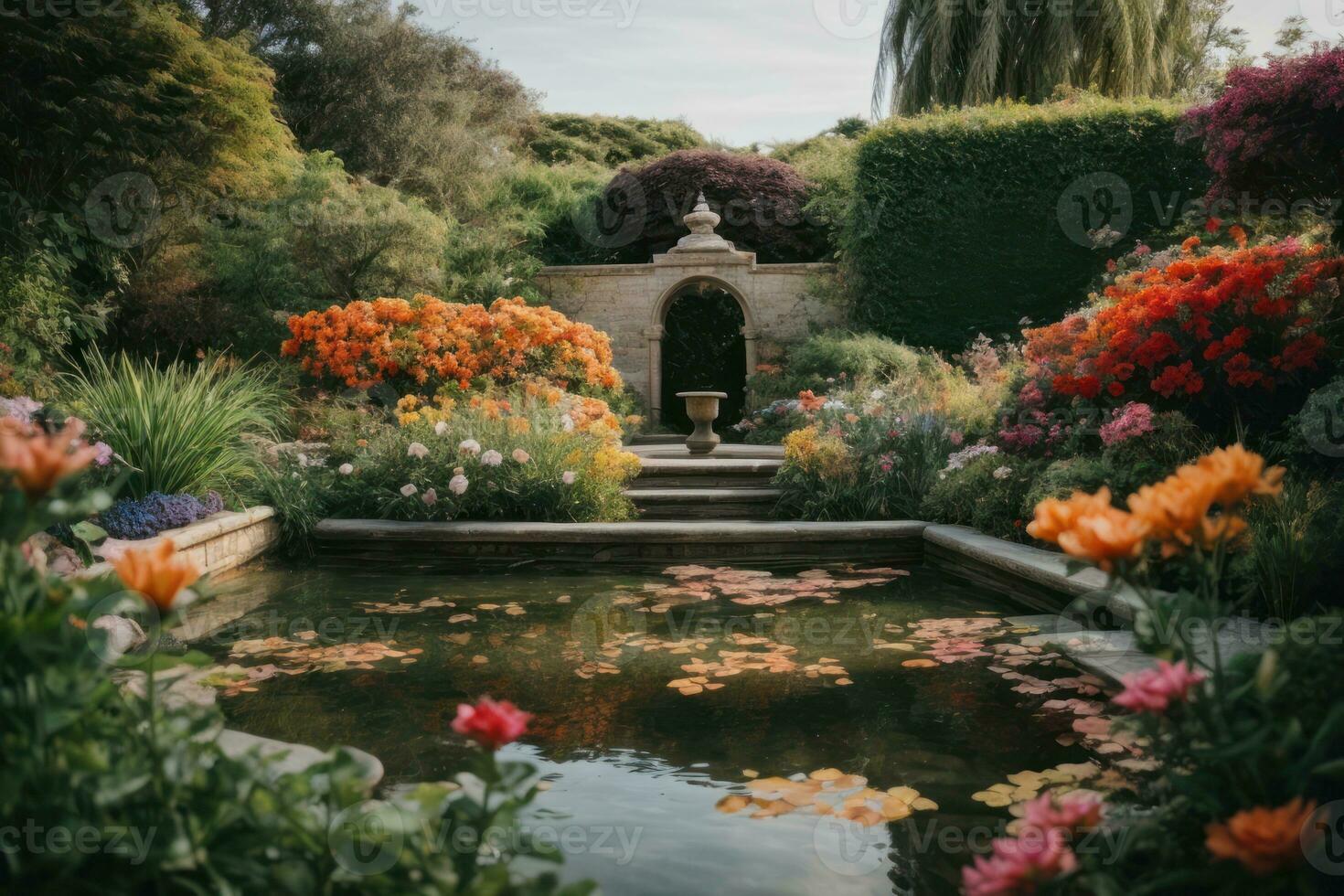 ai generato tranquillo giardino scena con un' varietà di colorato fiori nel fioritura generativo di ai foto