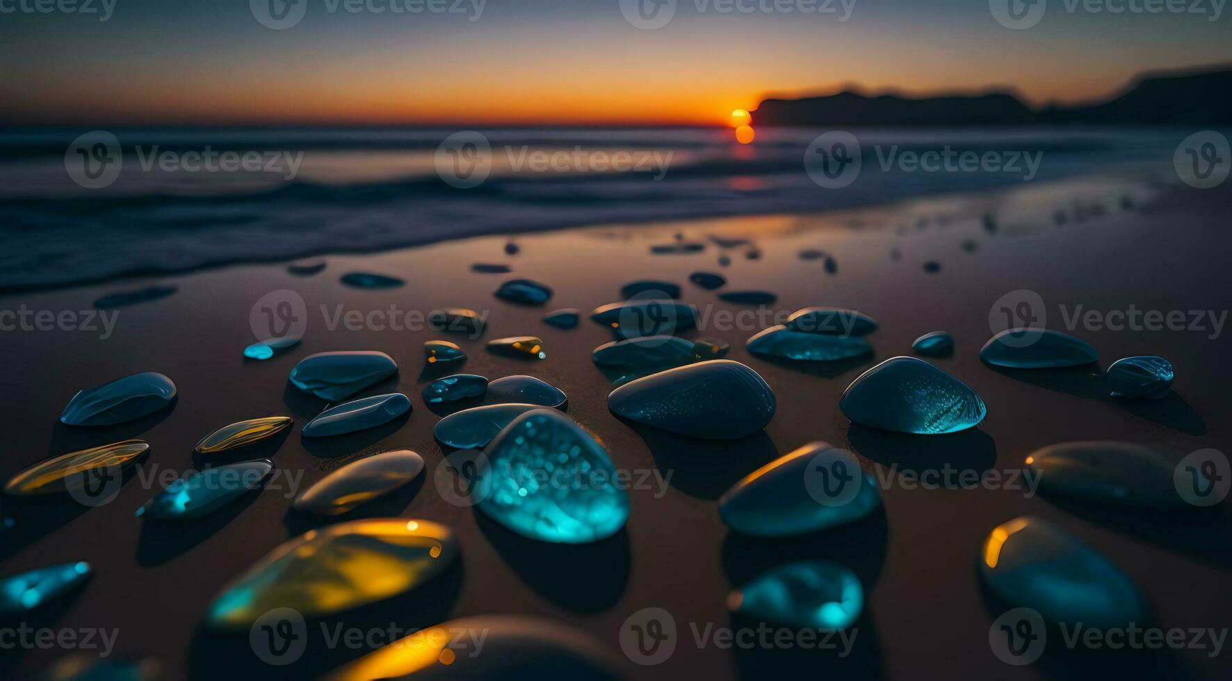 ai generato liscio pietre nel un' linea su un' spiaggia a tramonto con riflessi vivace cielo colori generativo di ai foto