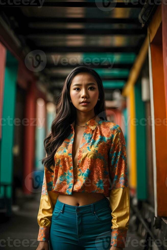 ai generato giovane donna nel colorato abbigliamento a un' tradizionale asiatico mercato con festivo decorazioni generativo di ai foto