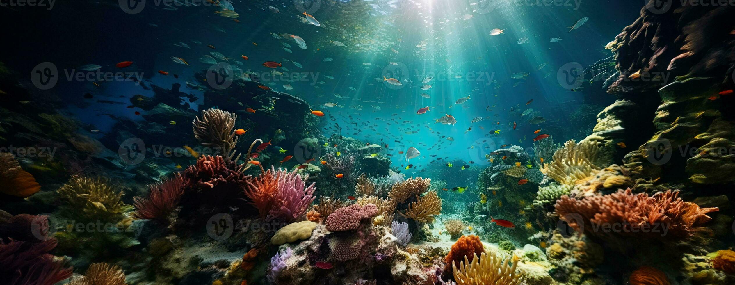 ai generato tropicale mare subacqueo Pesci su corallo scogliera. acquario oceanarium natura colorato marino panorama paesaggio natura boccaglio immersione. ai generativo. foto