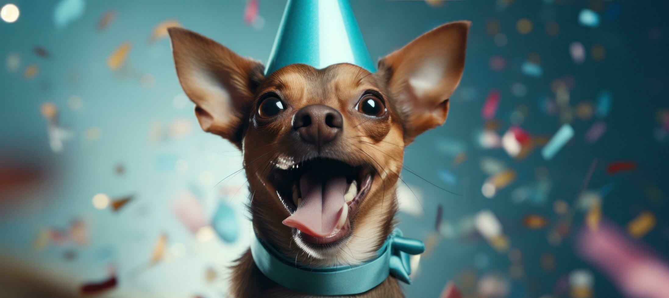 ai generato un' cane nel un' festa cappello è soffiaggio su il suo naso, foto