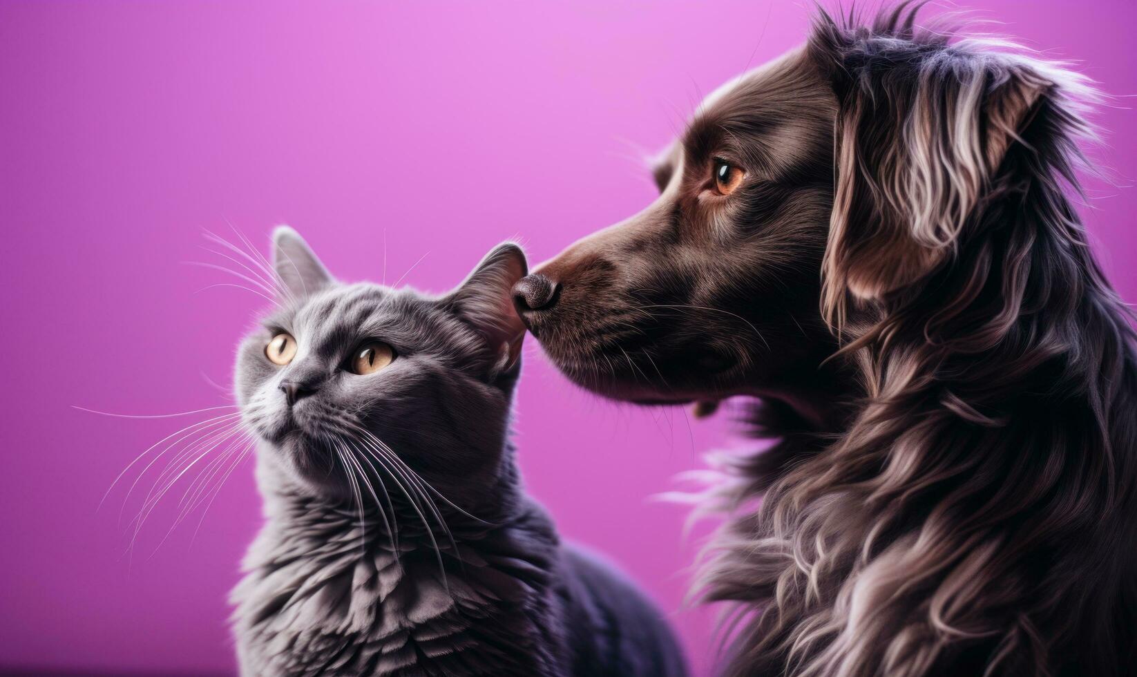 ai generato un' cane e gatto in piedi su un' viola sfondo, foto