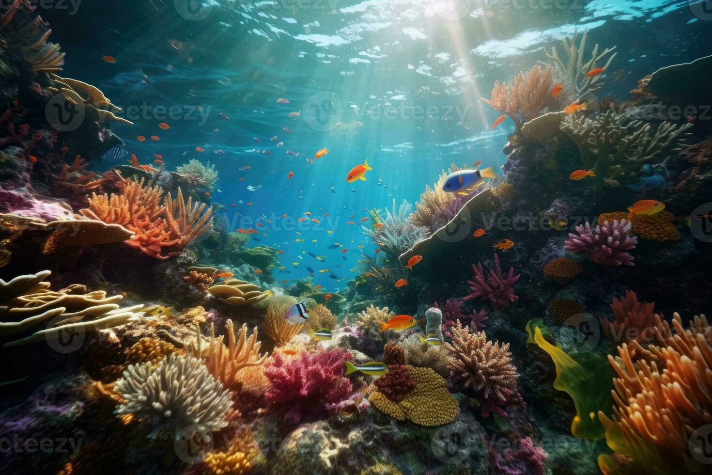 ai generato tropicale mare subacqueo Pesci su corallo scogliera. acquario oceanarium natura colorato marino panorama paesaggio natura boccaglio immersione. ai generativo. foto