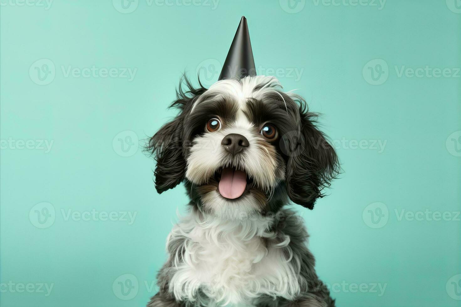 ai generato contento cane festeggiare compleanno festa con festa cappello e caduta coriandoli su pastello sfondo foto