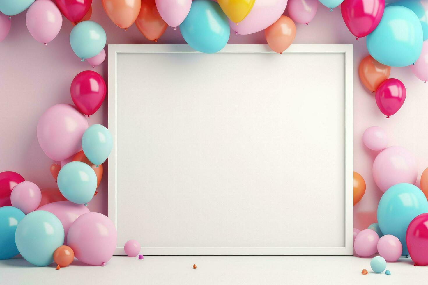 ai generato compleanno telaio con colore palloncini con scintillii, vuoto telaio decorazione con Palloncino , ai generato foto