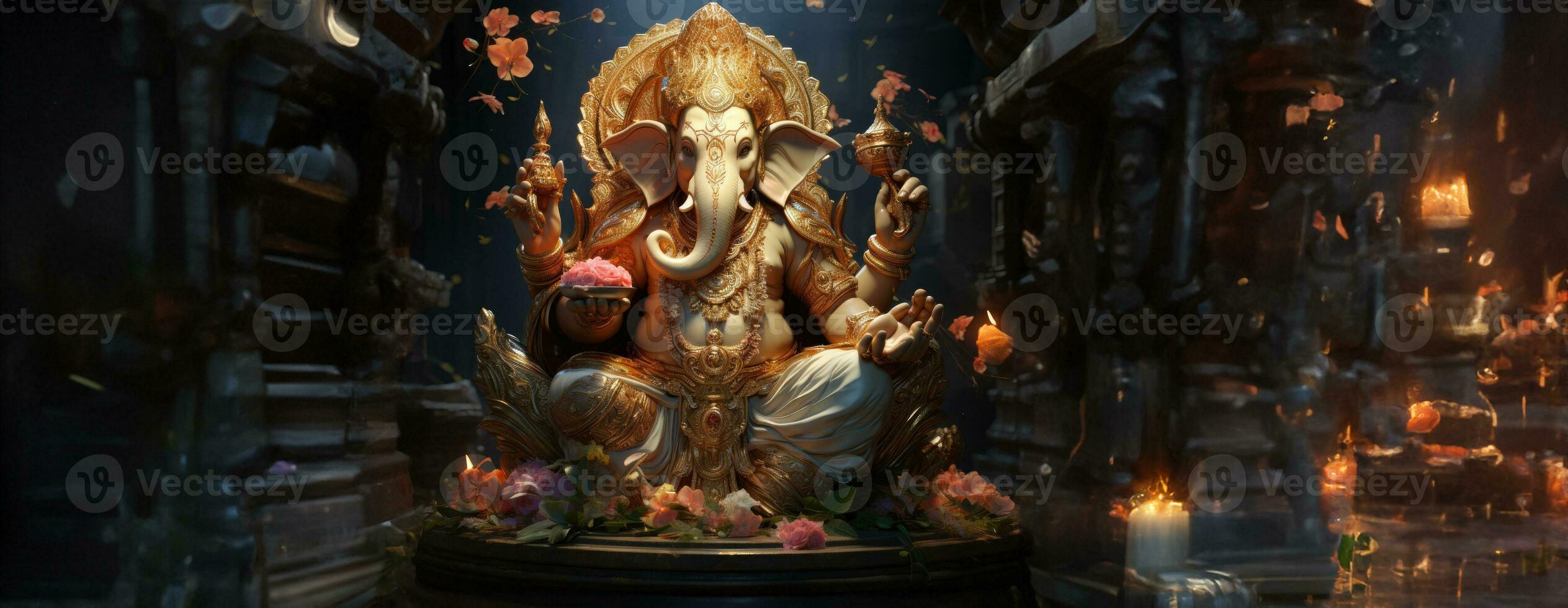 ai generato d'oro signore Ganesha scultura su natura sfondo. celebrare signore Ganesha Festival. ai generativo. foto