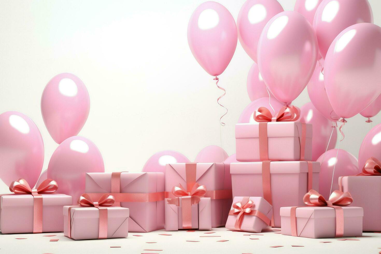 ai generato rosa palloncini e regalo scatole su bianca sfondo. 3d rendere di compleanno sfondo con regalo scatola, palloncini e coriandoli, ai generato foto