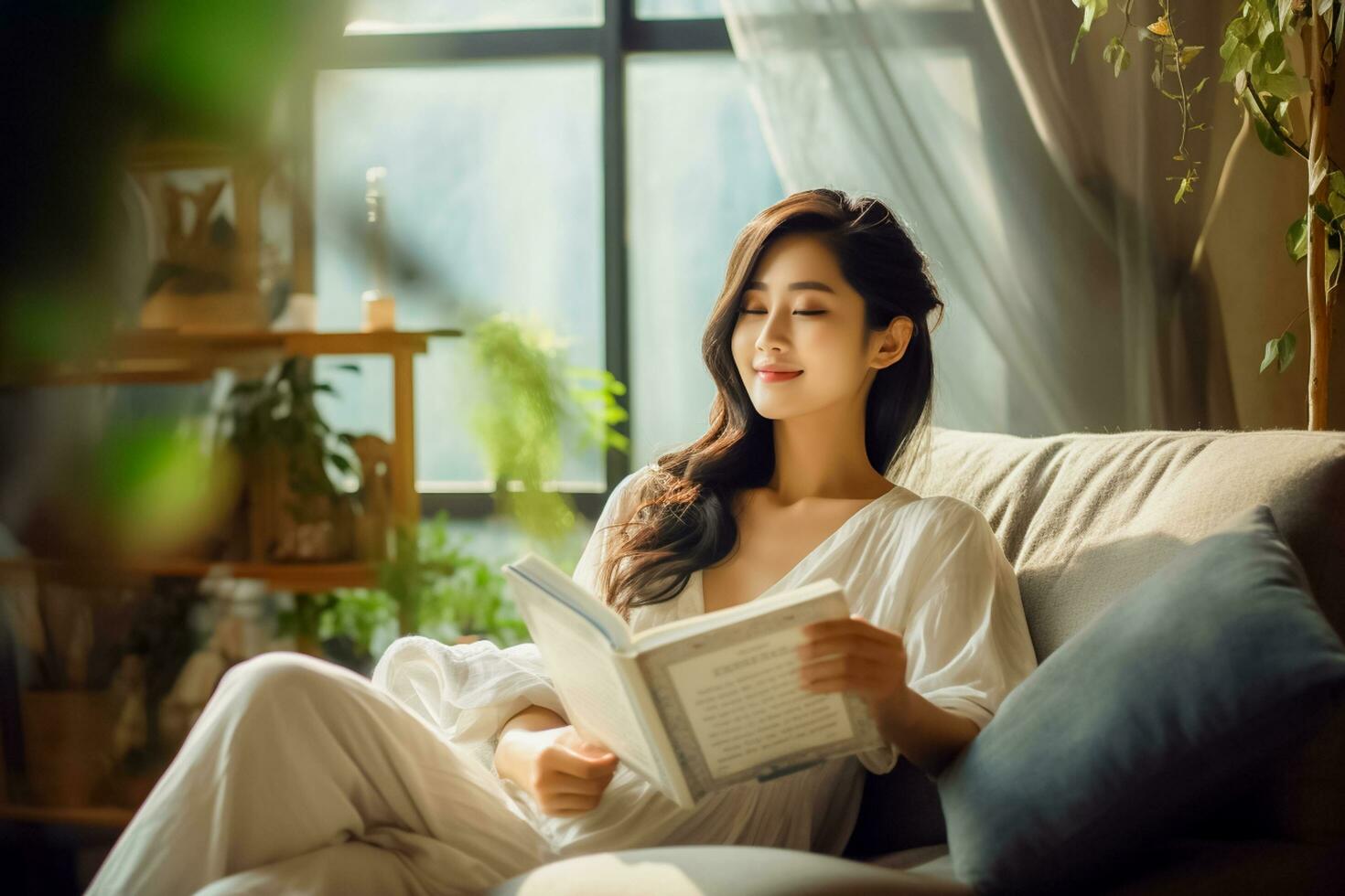 ai generato foto contento bellissimo giovane asiatico donna rilassante su divano lettura libro nel vivente camera.ai generato