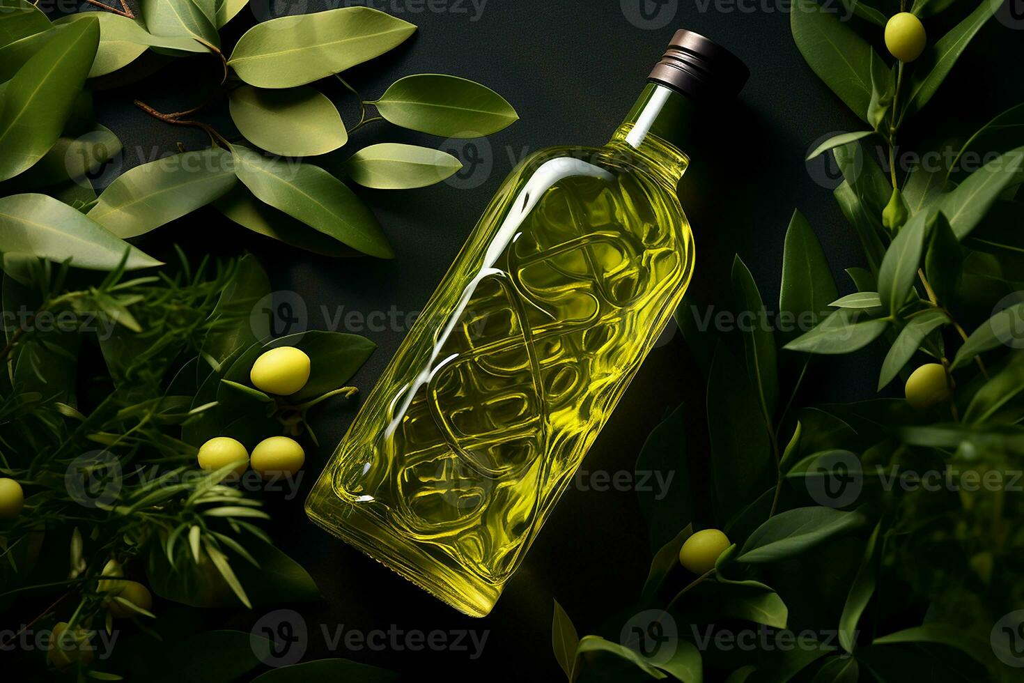 ai generato oliva olio nel bottiglia con verde le foglie su buio sfondo foto