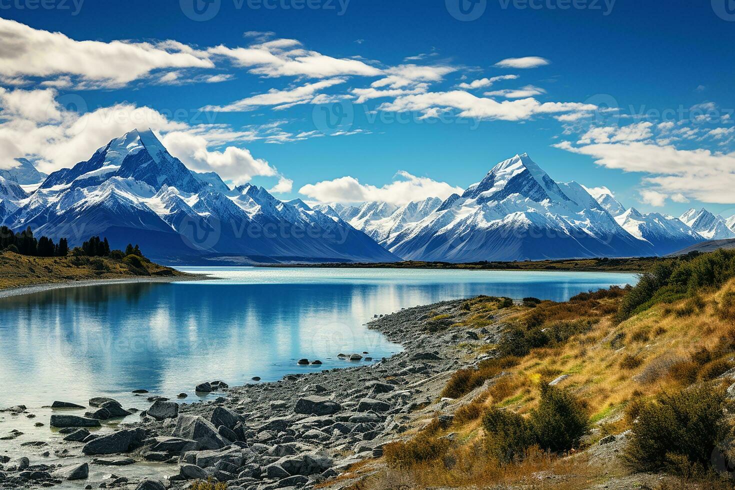 ai generato bellissimo montagne paesaggio con blu fiume nel luminosa giorno foto