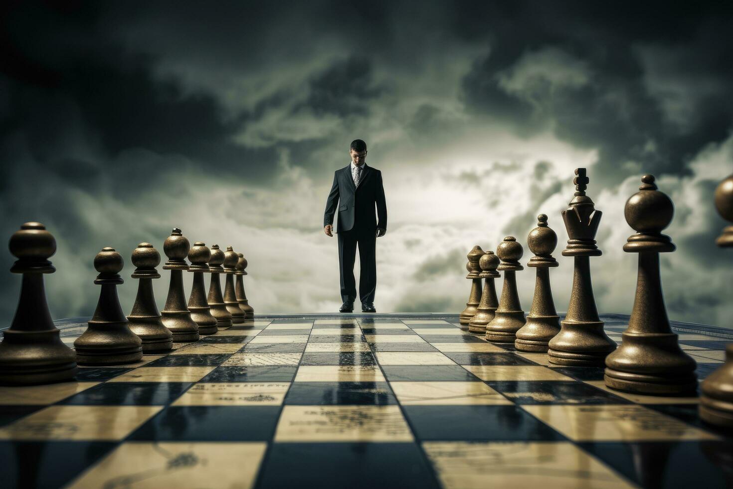 ai generato uomo d'affari in piedi su scacchiera con scacchi pezzi su il sfondo, concetto di competitivo vantaggio nel strategico marketing, ai generato foto