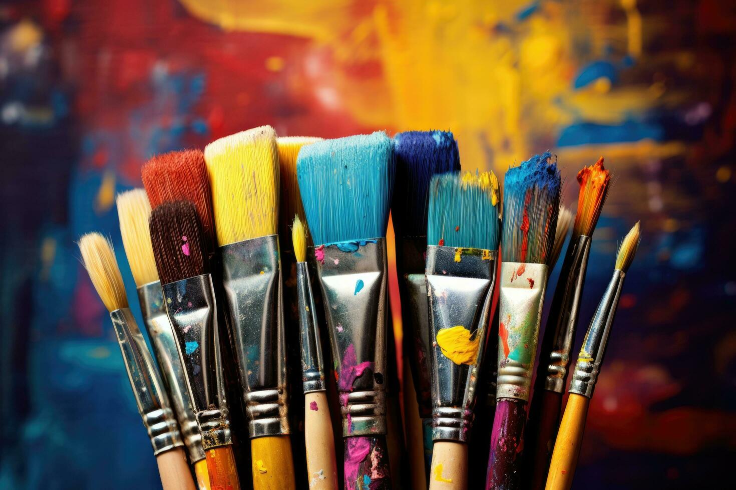 ai generato dipingere spazzole e vernici su un' colorato sfondo. arte concetto, colorato artista spazzole e dipingere, ai generato foto