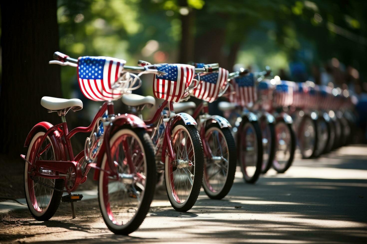 ai generato biciclette con americano bandiere parcheggiata nel un' riga nel il parco, decorato biciclette foderato su per un' il quarto di luglio parata, indipendenza giorno, ai generato foto