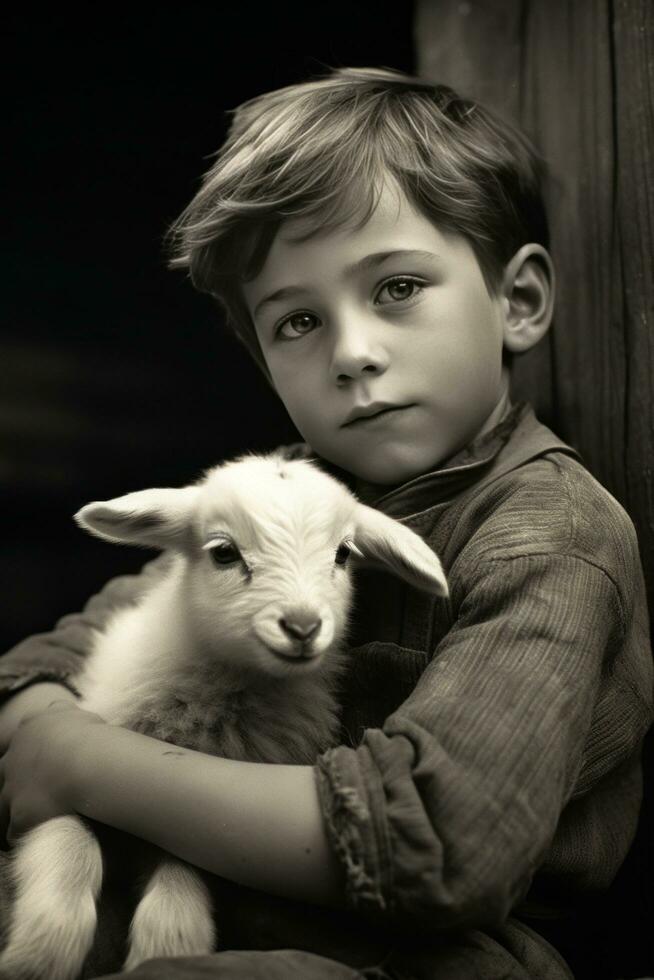 ai generato un' giovane ragazzo dolcemente colpi il lanuginoso pelliccia di un' bambino agnello annidato contento su il suo giro. foto