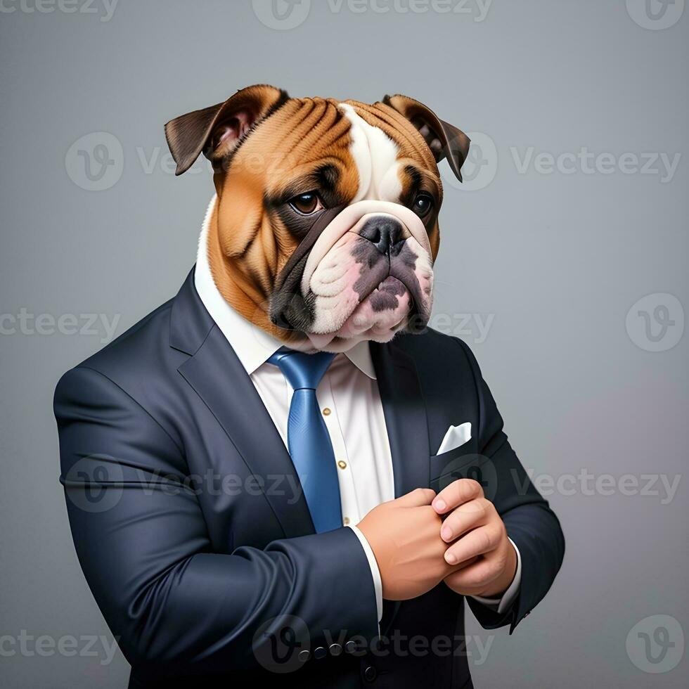 ai generato uomo d'affari con un inglese bulldog cane testa nel un' completo da uomo. isolato sfondo. antropomorfo animali. foto