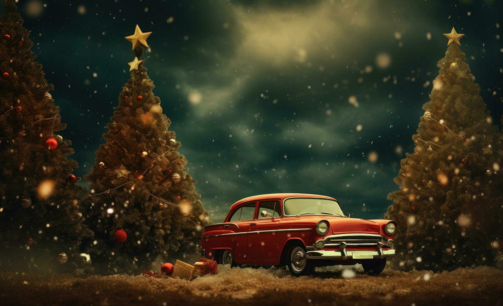 ai generato un' rosso auto con Natale albero seduta su superiore, guida attraverso il boschi, foto
