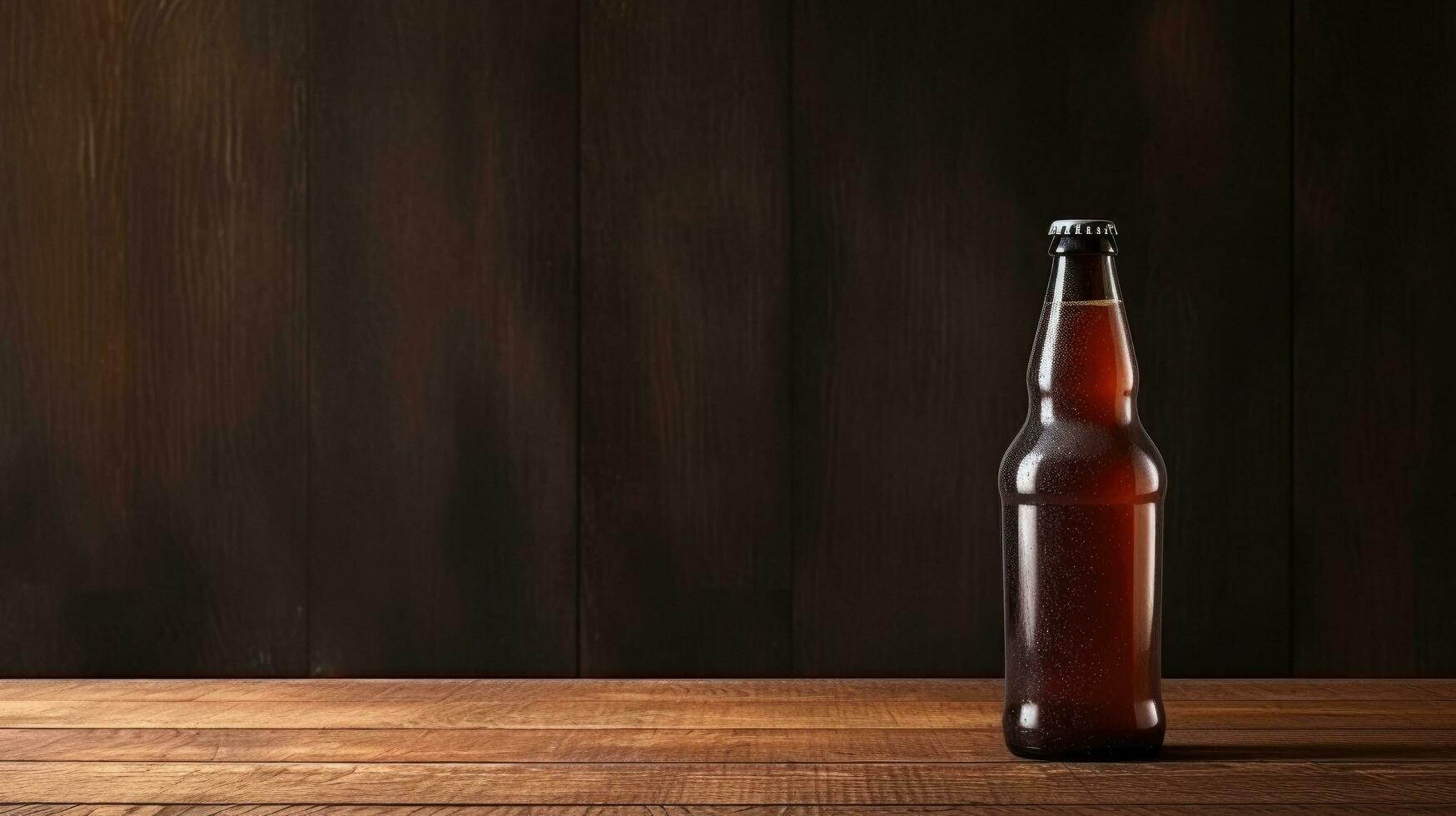 ai generato birra bottiglia con vuoto davanti, realistico su un' modello modello nel un' di legno tavolo nel un' irlandesi pub foto